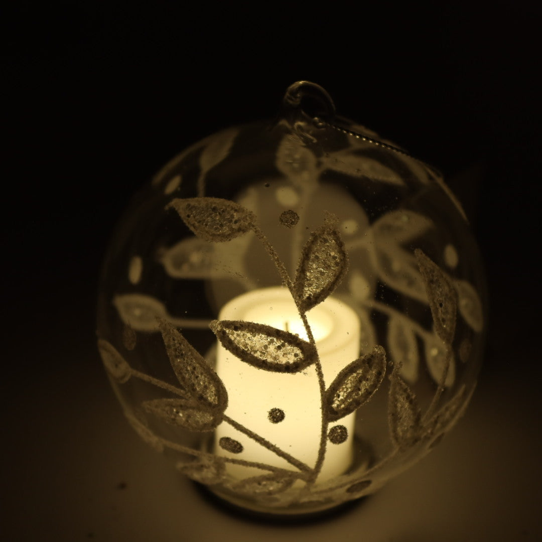 Lighted Candle Glass Ball W/white leafs