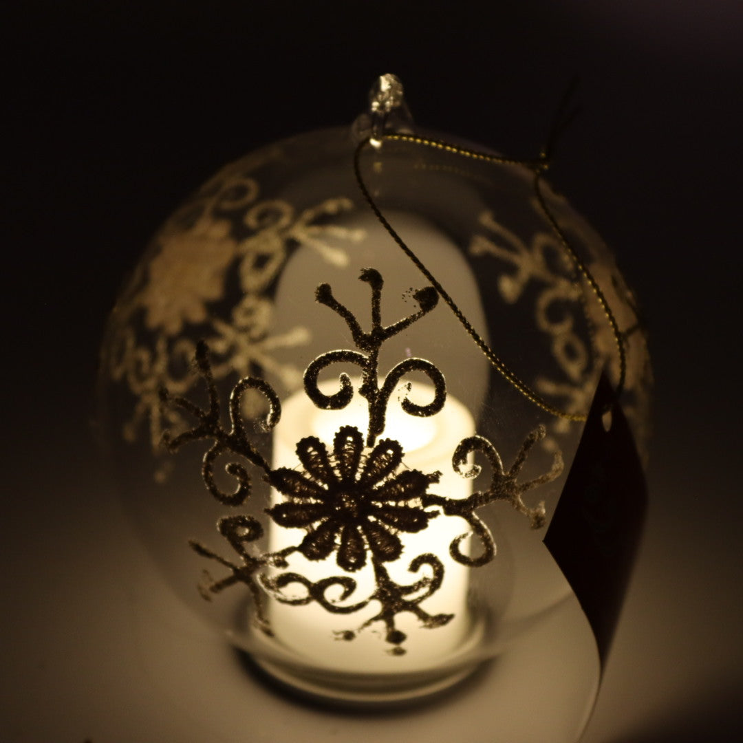 Lighted Candle Glass Ball W/Snowflake