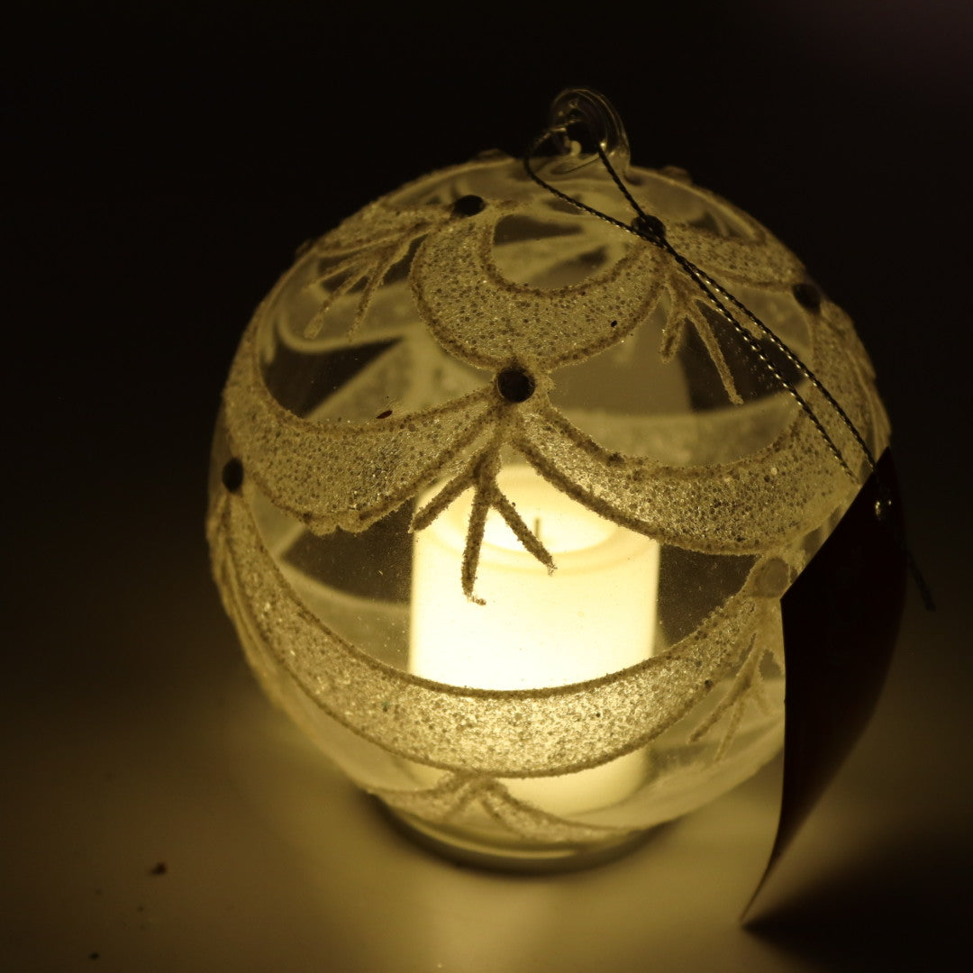 Lighted Candle Glass Ball W/white Glitter