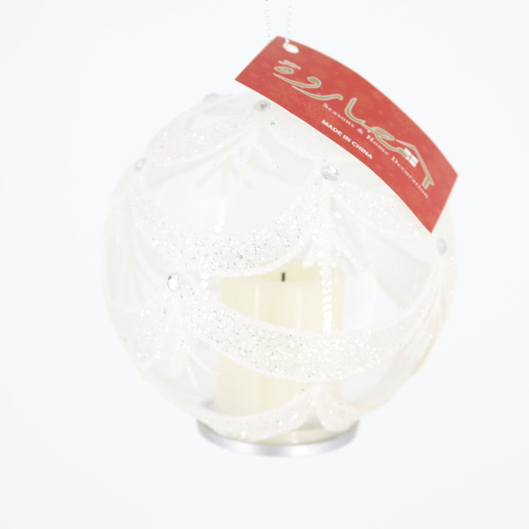 Lighted Candle Glass Ball W/white Glitter