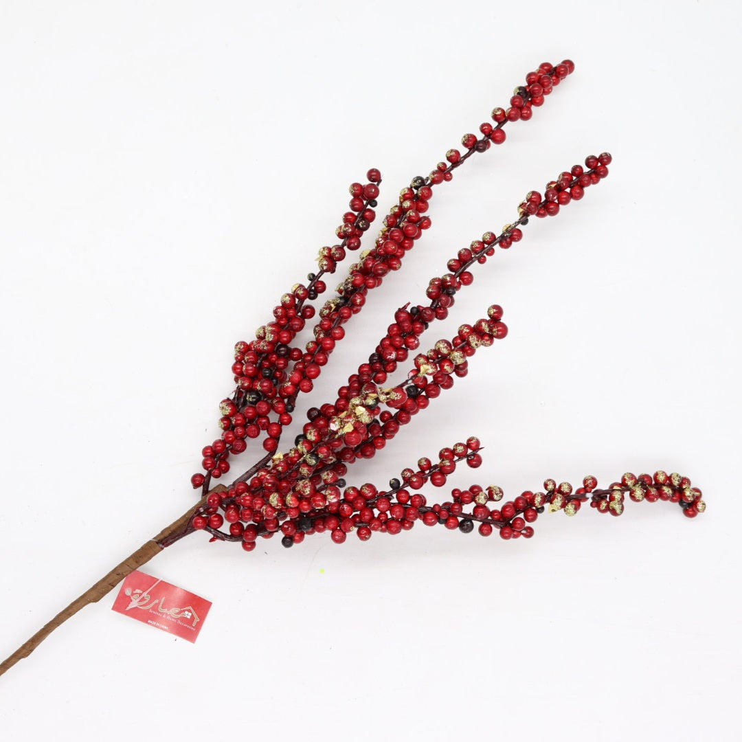 Red With Gold Glitter Berries Spray