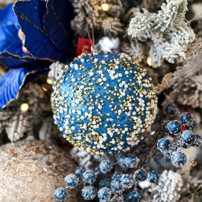 12cm Royal Blue w/Gold & Pearls Christmas Ball Ornaments