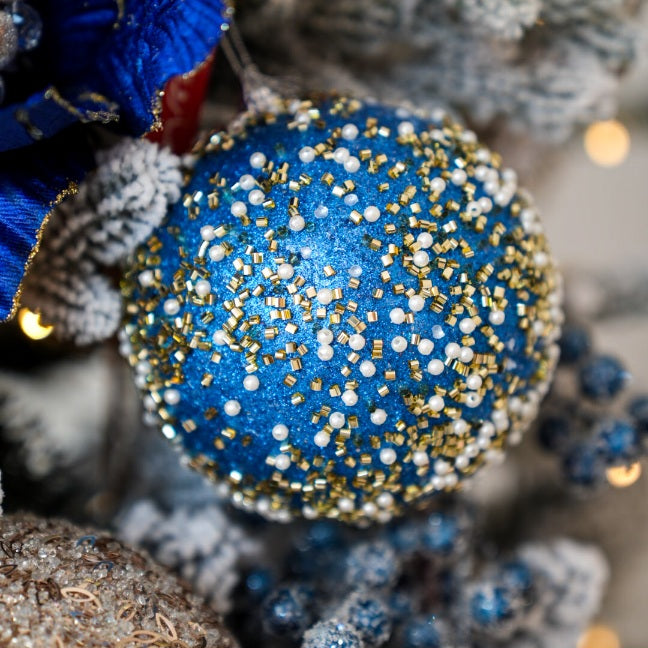 12cm Royal Blue w/Gold & Pearls Christmas Ball Ornaments