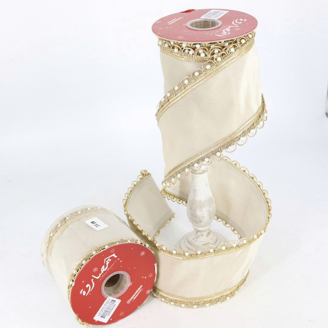 Pearls Trim Champagne Creamy Ribbon