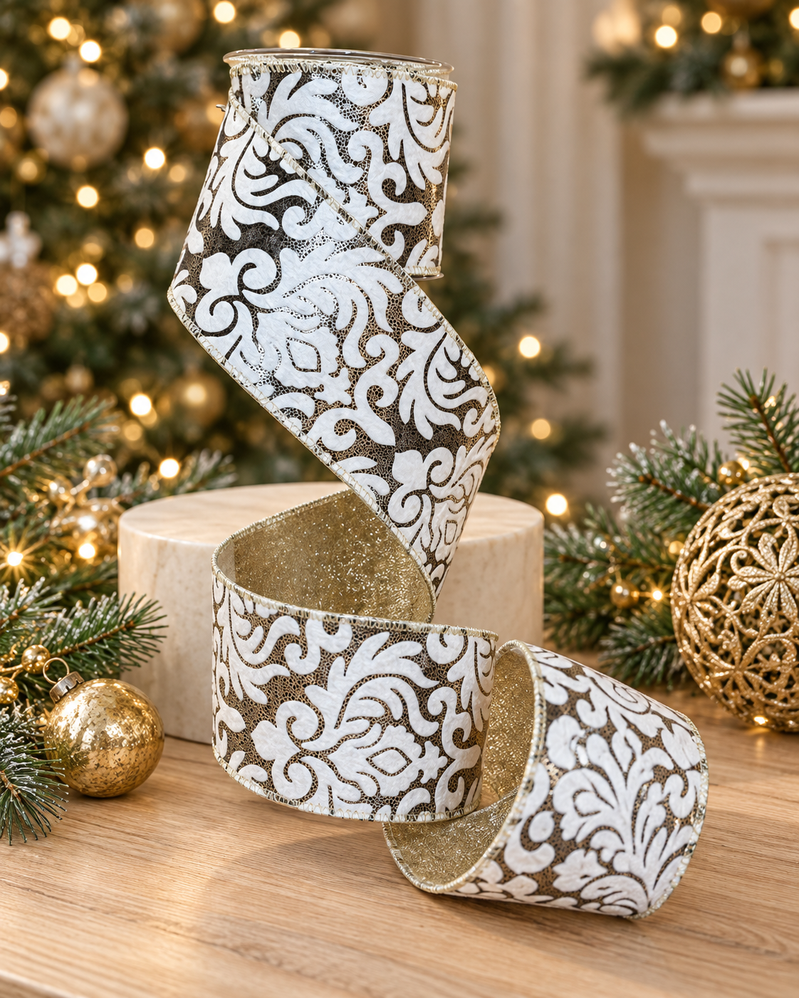 White and gold Damask-Patterned Wired Ribbon