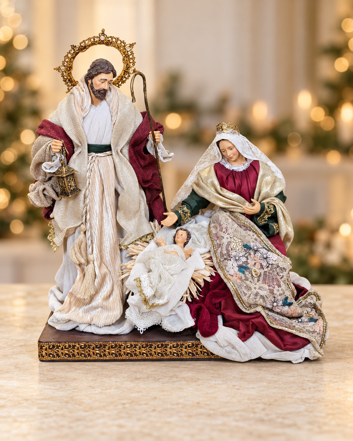 Nativity scene Holy Family Burgundy Fabric Handmade