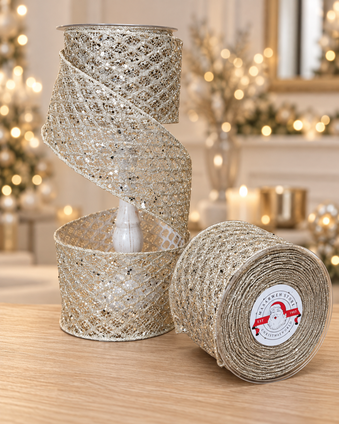 Glitter Champagne Mesh Ribbon
