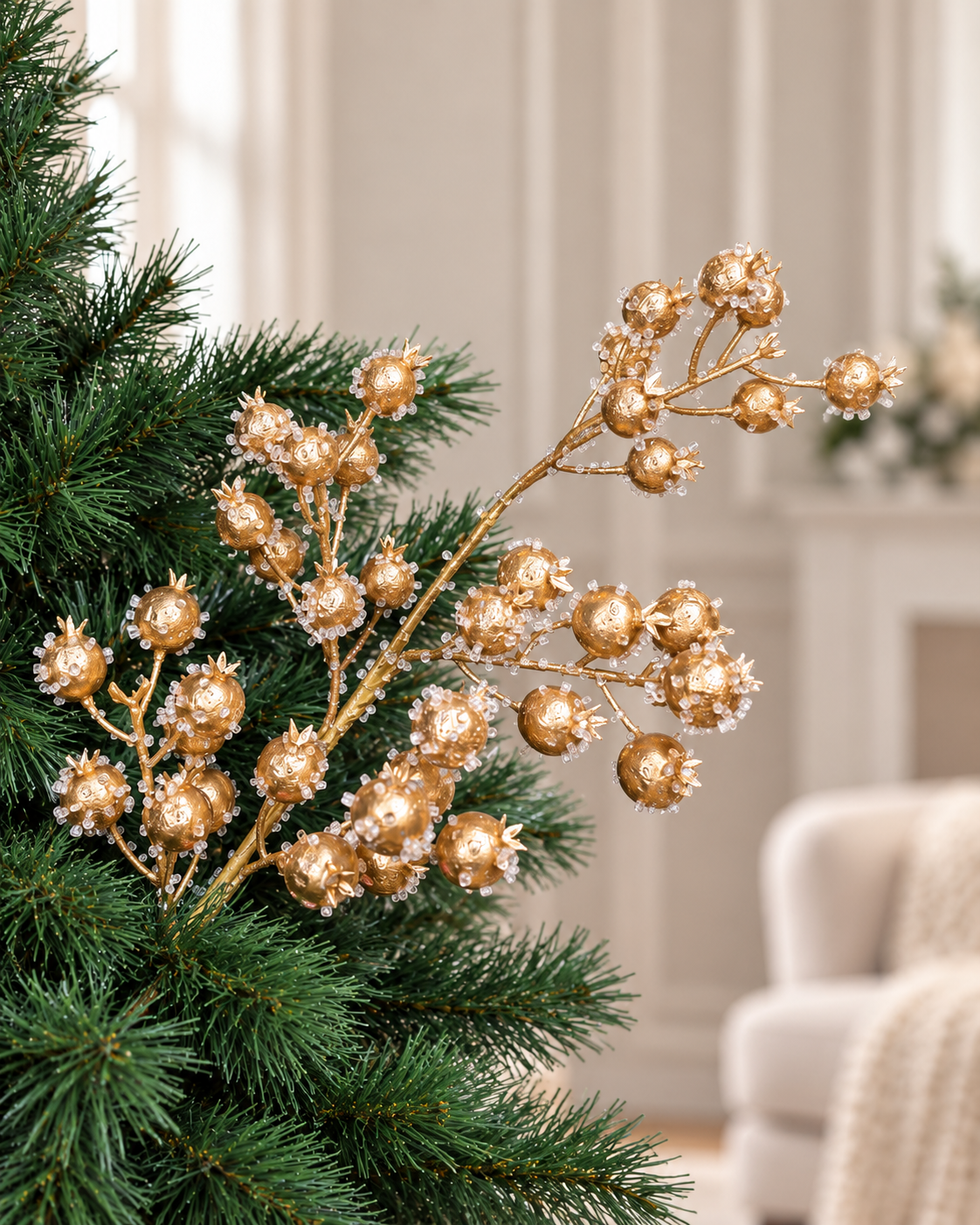 Gold-Gilded Frosted Crabapple Christmas Tree Spray