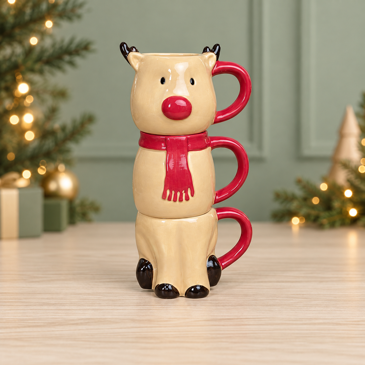 Set of Three Stacking Rudolf Mugs