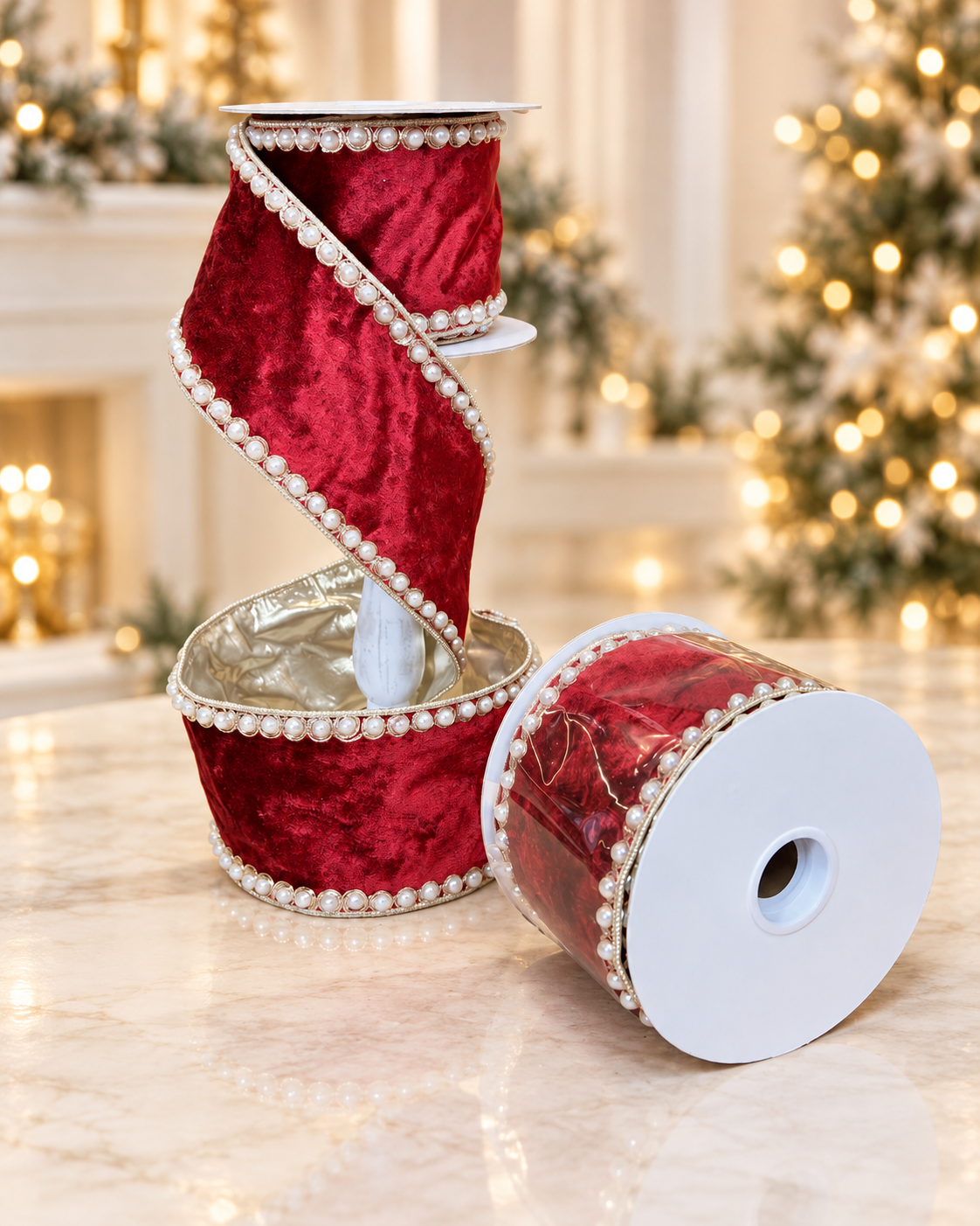 Burgundy Velvet With Pearls Ribbon