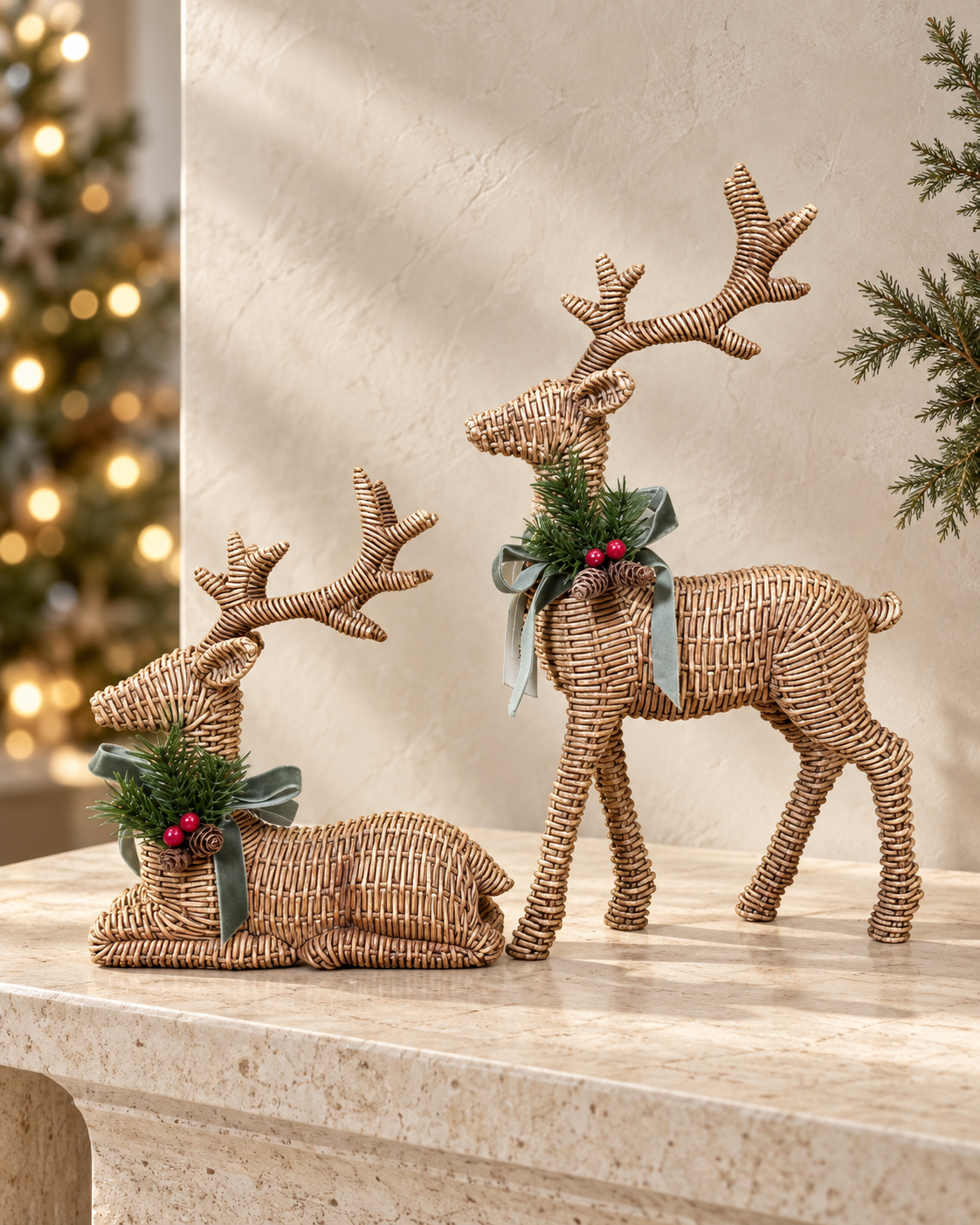 Reindeer Set Polyresin Rattan Style