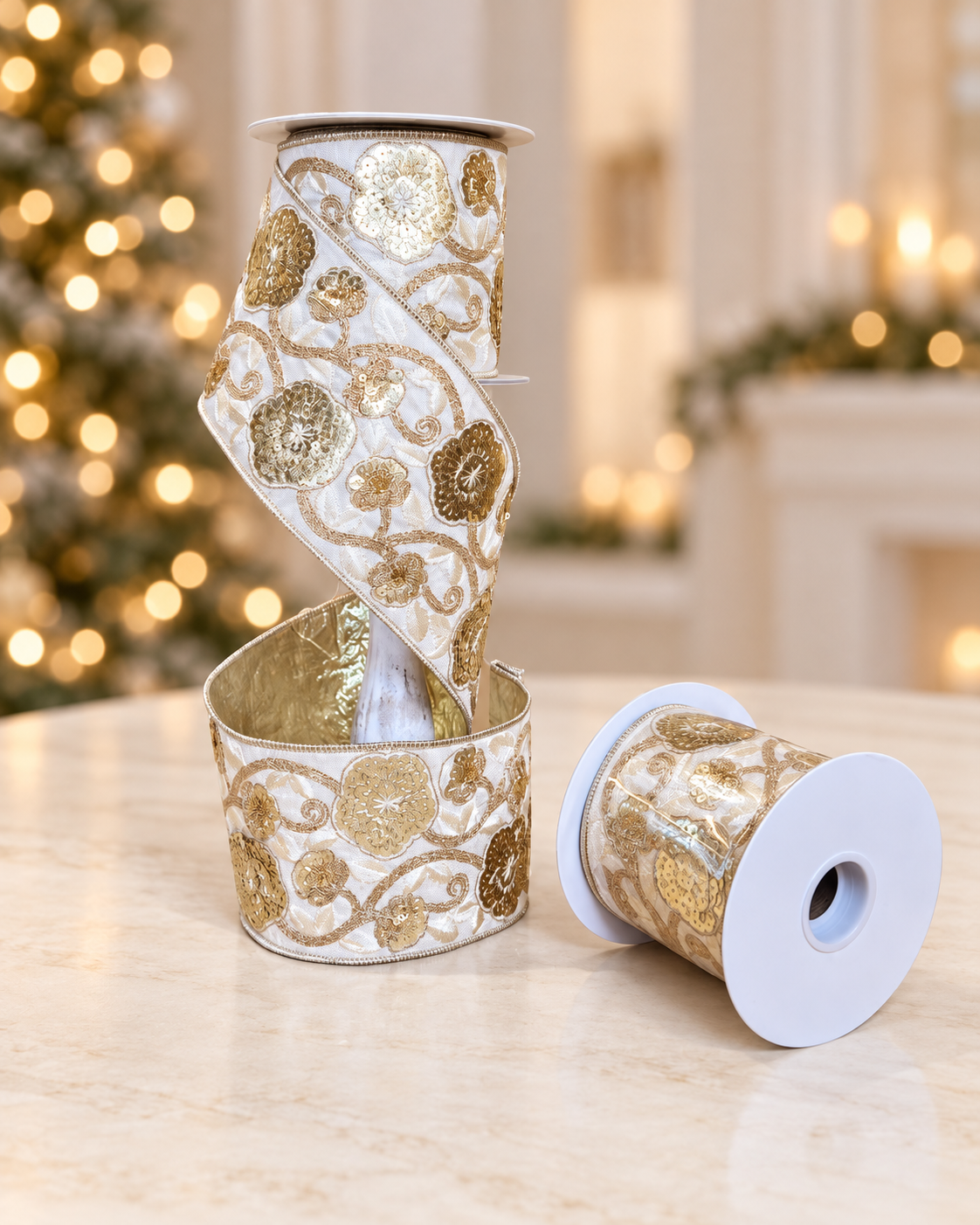 Ivory and Gold Sequin Floral Wired Ribbon