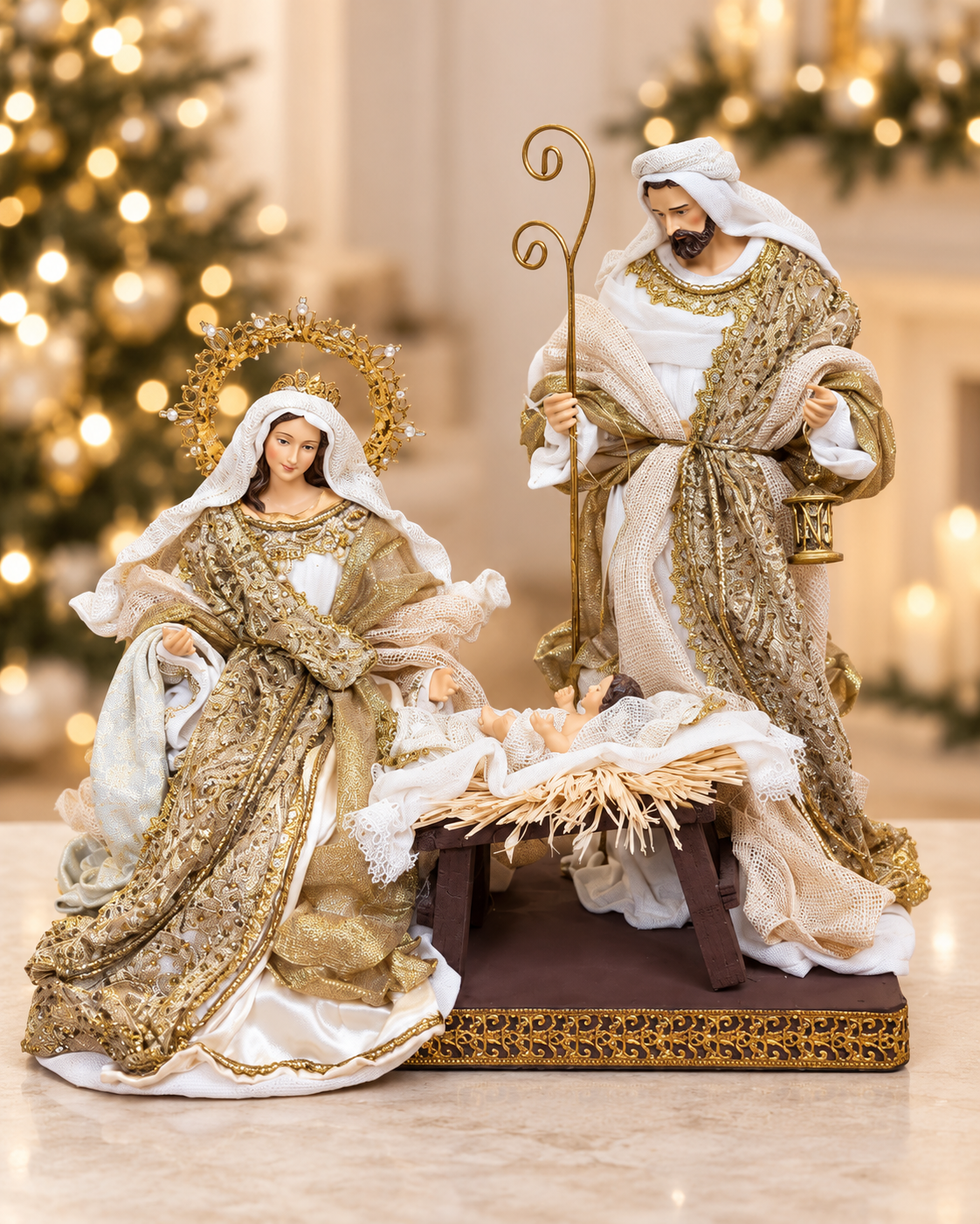 Nativity scene Holy Family Champagne Fabric Handmade