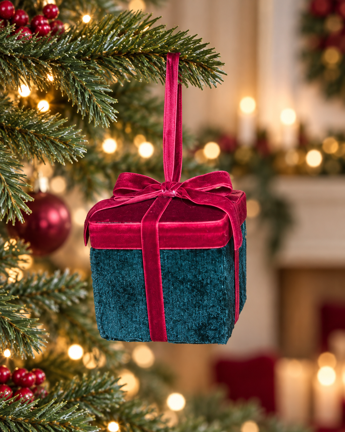 10cm Red/Green Velvet Box Ornament