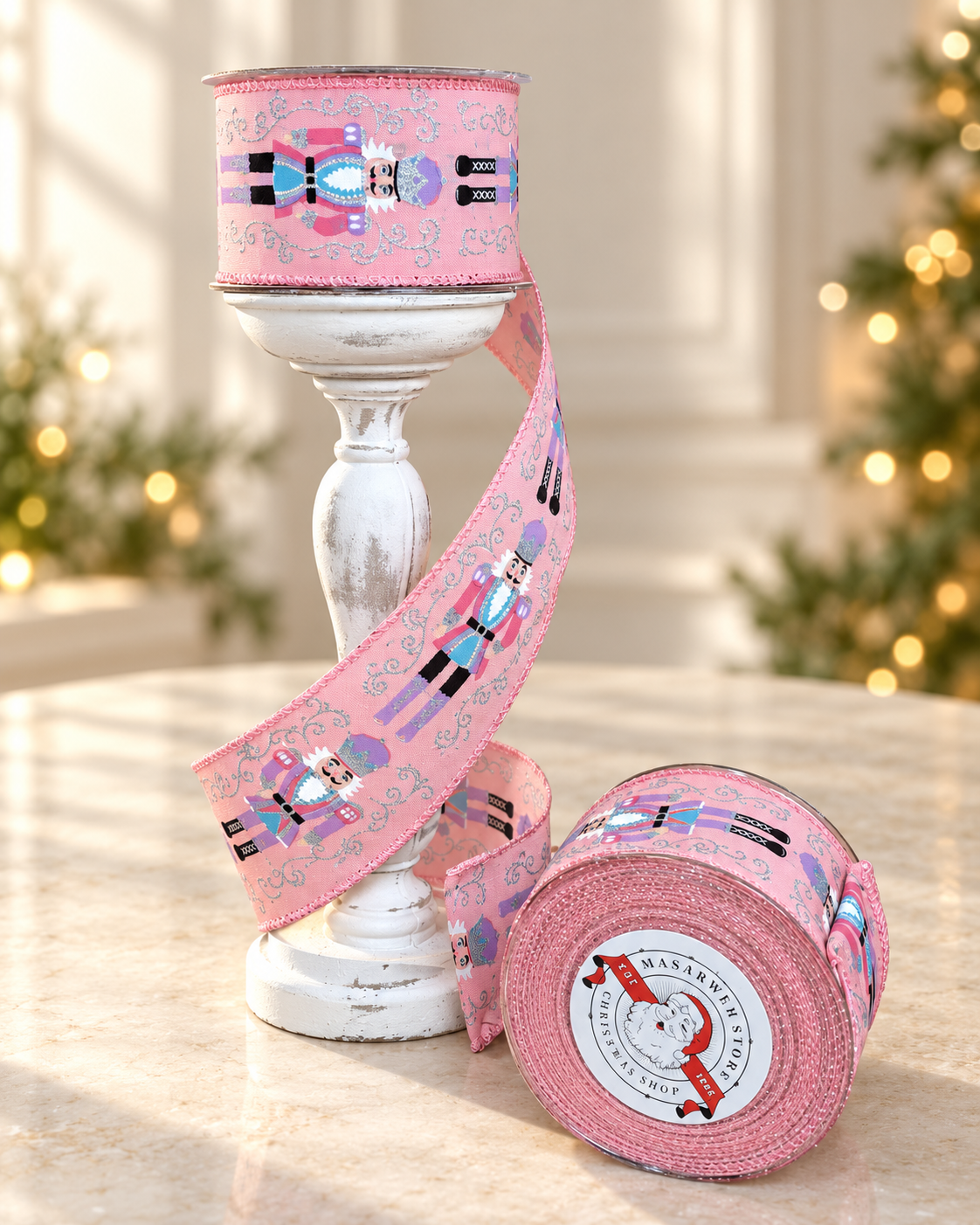 2.5" Pink Nutcracker Scroll Wired Ribbon
