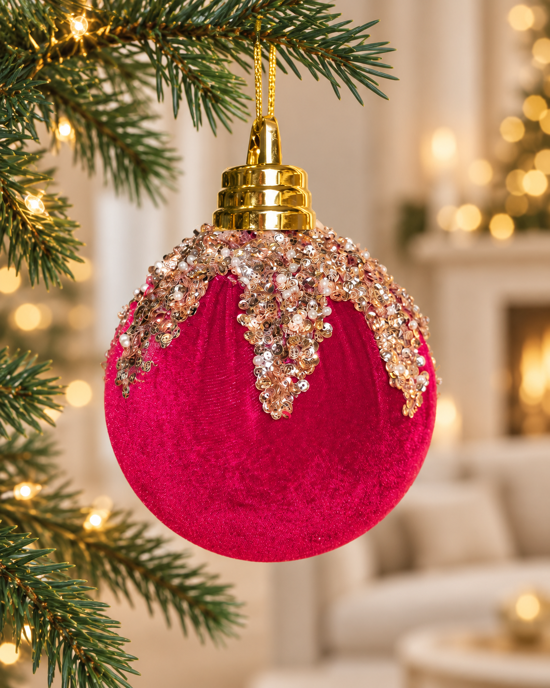 15cm Glitter on Top Red Velvet Christmas Ball