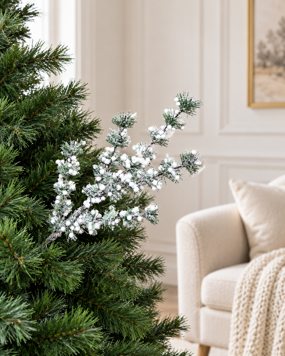Frosted Pine White Berries Tree Pick