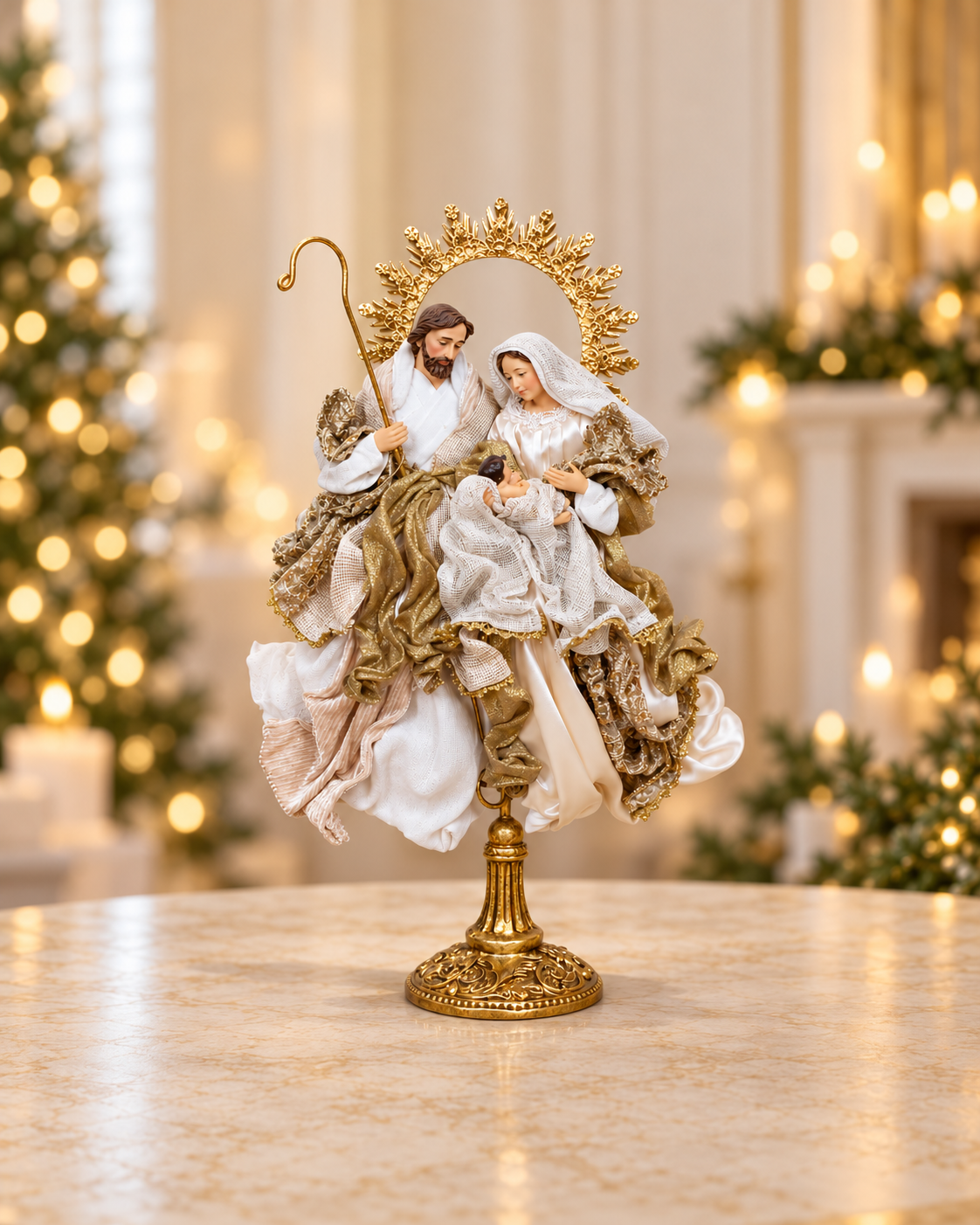 Decorative Holy Family figurine set on a pedestal