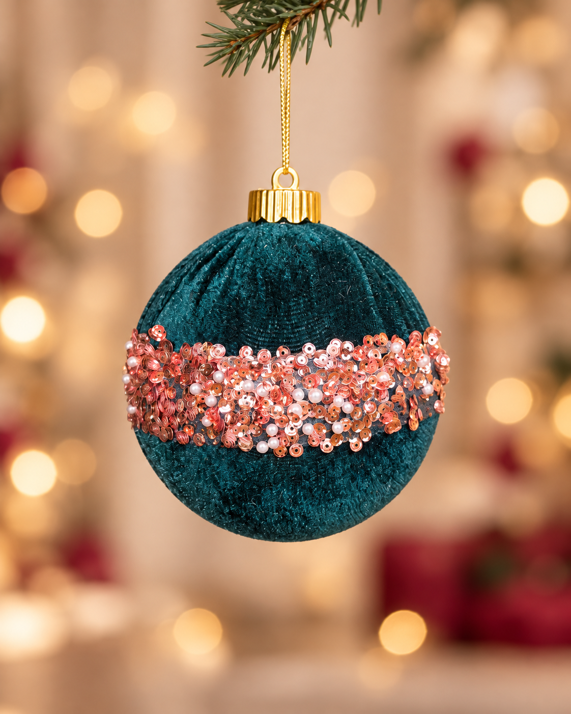 10cm Emarled Green Glitter Velvet Ball
