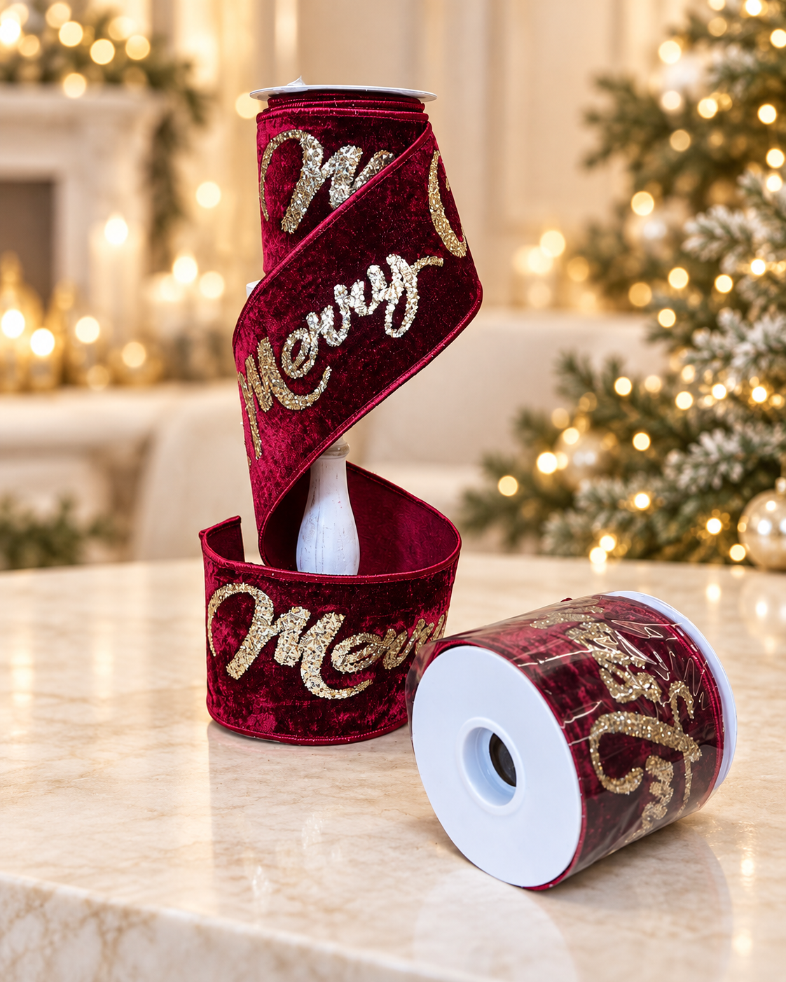 Burgundy Veltvet Merry Christmas Ribbon
