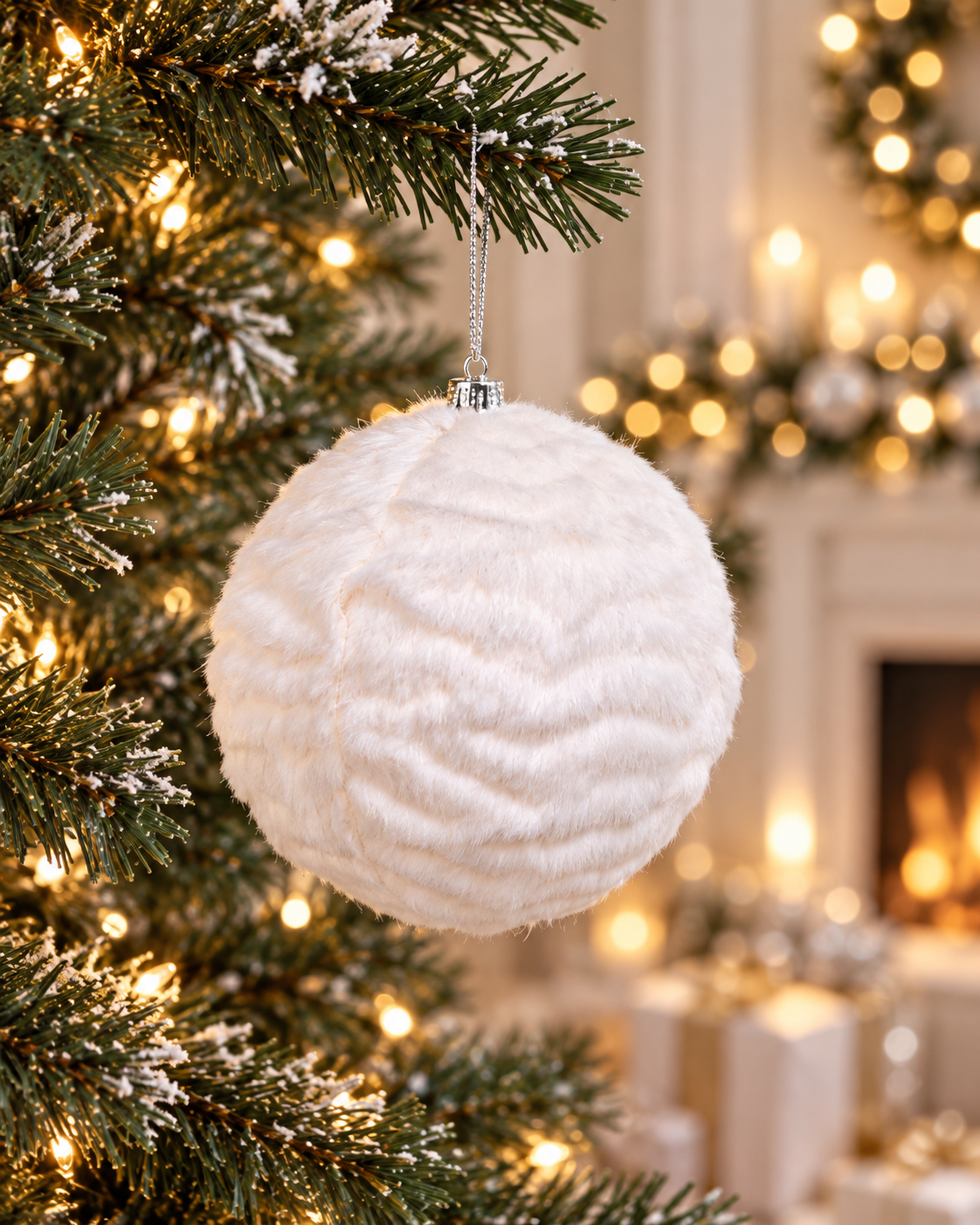 12CM Ivory Fur Christmas Ball
