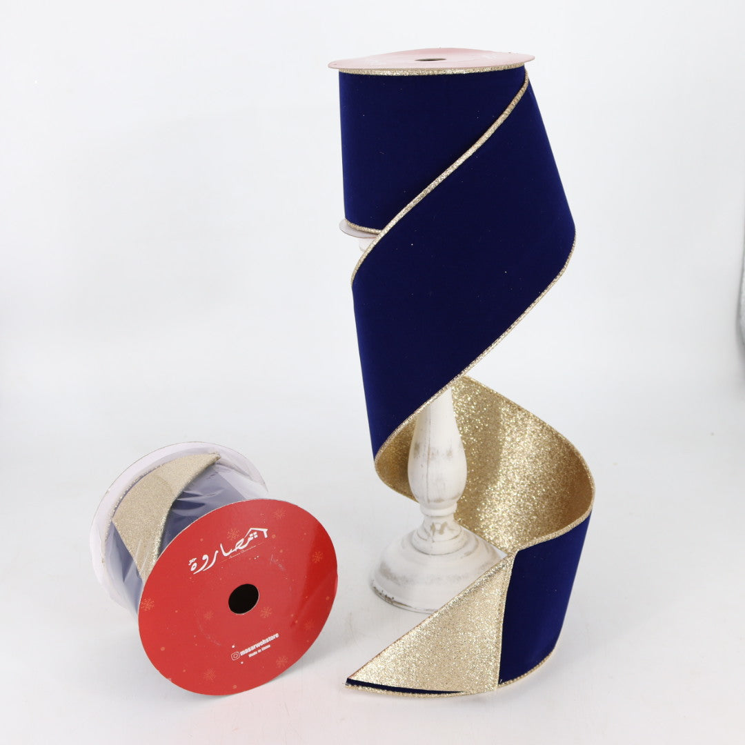 Navy Blue Velvet/Champagne Wired Ribbon