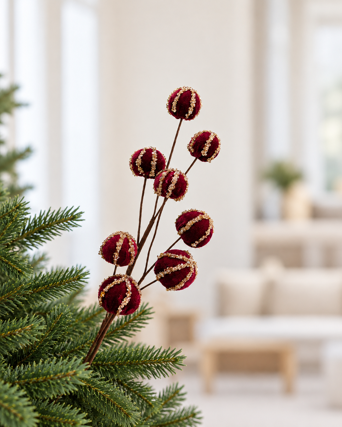 Burgundy Champagne Glitter Velvet Balls Tree Spray